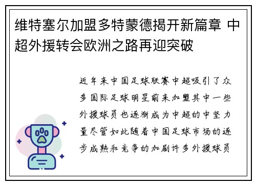 维特塞尔加盟多特蒙德揭开新篇章 中超外援转会欧洲之路再迎突破 维特塞尔加盟多特蒙德揭开新篇章 中超外援转会欧洲之路再迎突破